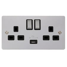 SE HOME Flat Plate Polished Chrome 2 Gang 13A DP Ingot 1 USB Twin Double Switched Plug Socket - Black Trim - SE Home Black | Polished Chrome