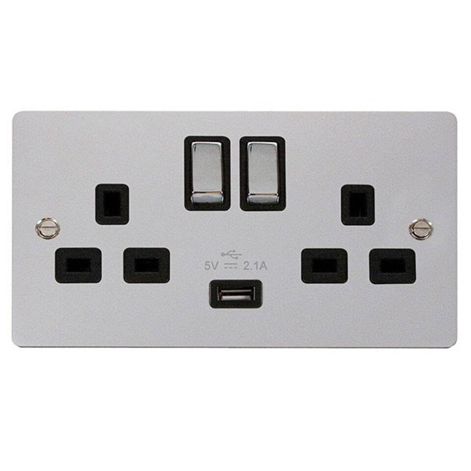 SE HOME Flat Plate Polished Chrome 2 Gang 13A DP Ingot 1 USB Twin Double Switched Plug Socket - Black Trim - SE Home Black | Polished Chrome