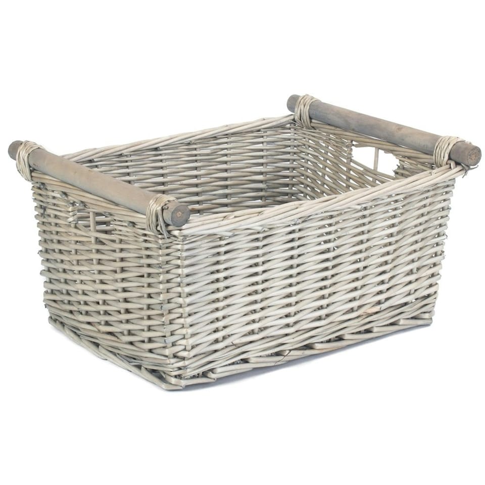 image 1 of Large Grey Wash Wooden Handled Storage Basket | Grey | Grey