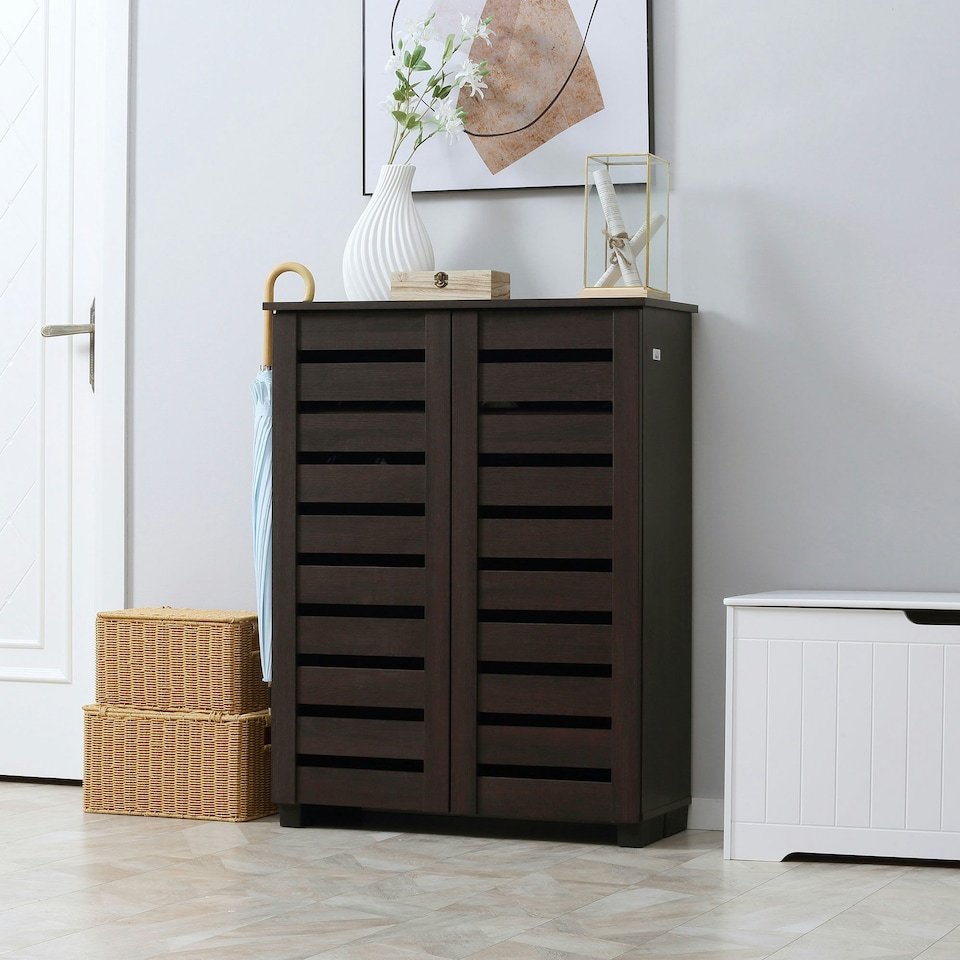 image 1 of HOMCOM Shoe Storage Cabinet with Slatted Doors for 15 Pairs of Shoes Brown Brown