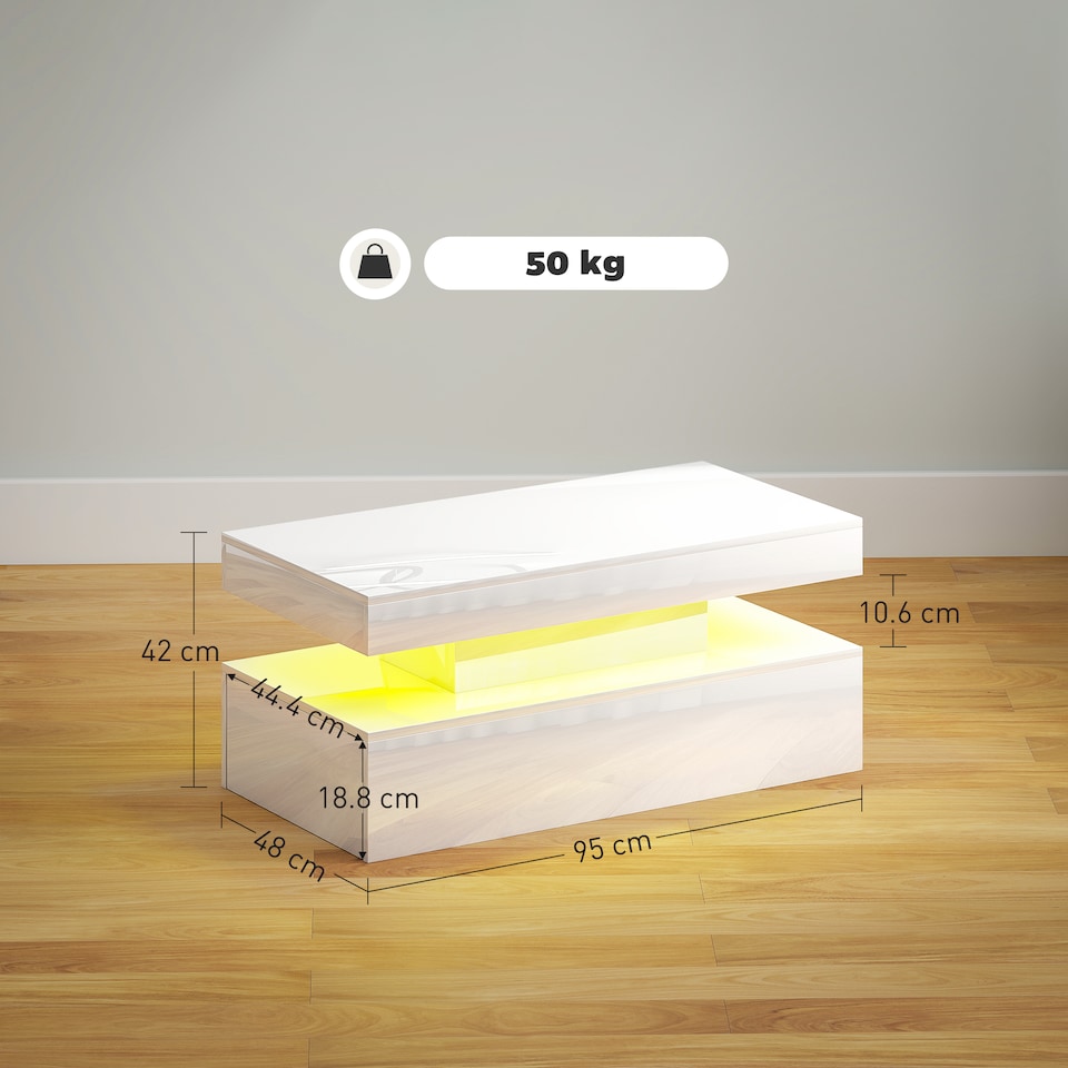 image 1 of HOMCOM LED Coffee Table with Storage, Modern High Gloss Living Room Table with 2 Drawers, Open Shelf and Remote Control, White
