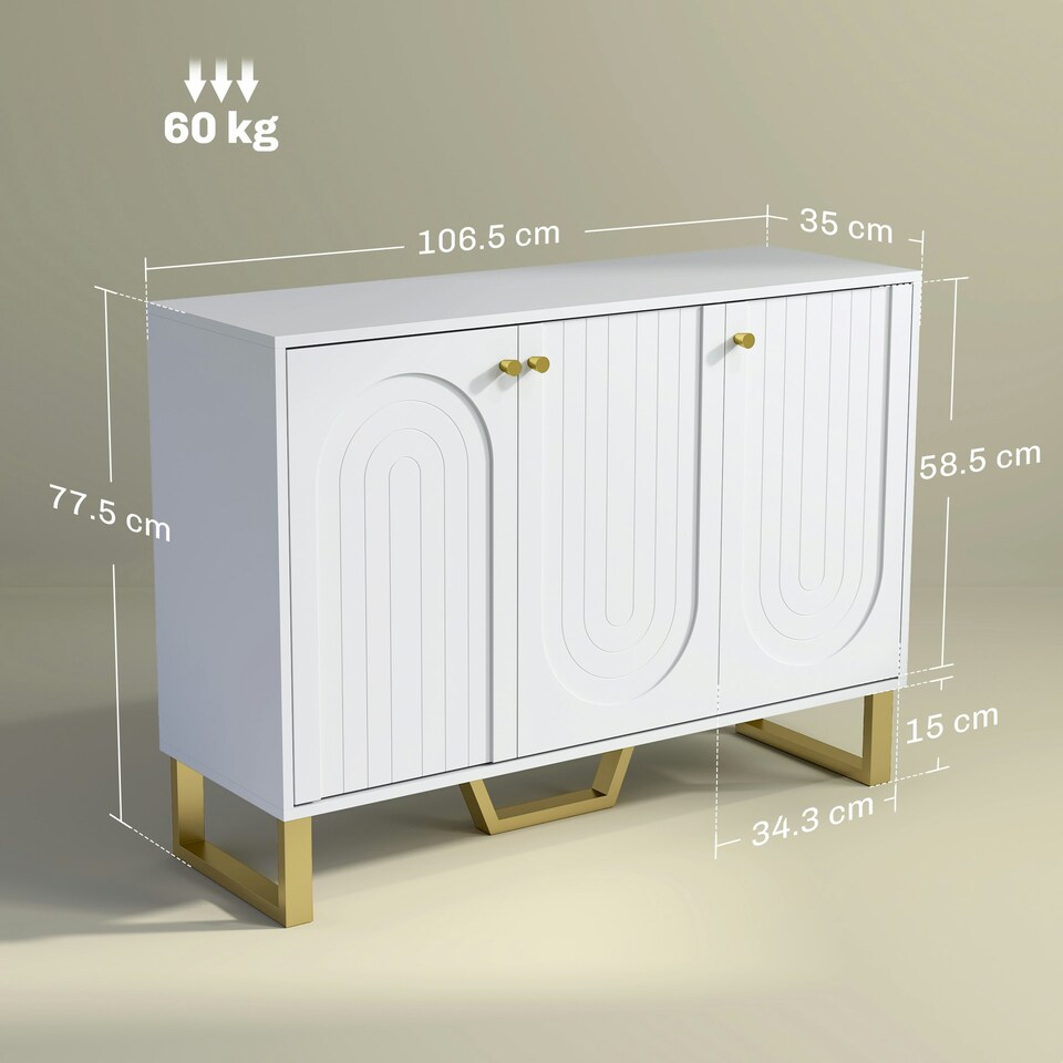 image 1 of HOMCOM Sideboard with Adjustable Shelves & 3 Doors for Living Room, White White | Gold