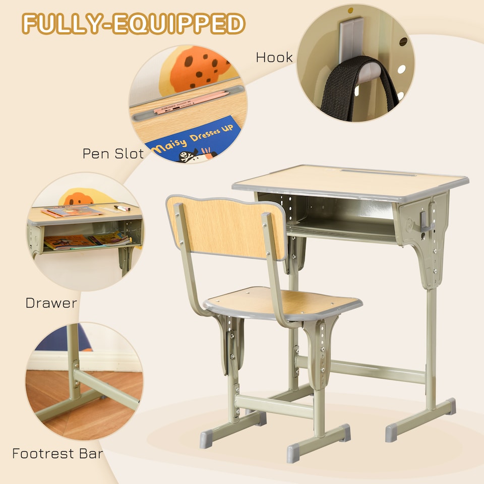 image 1 of HOMCOM Height Adjustable Kids Desk and Chair Set for 6-12 Years, Grey