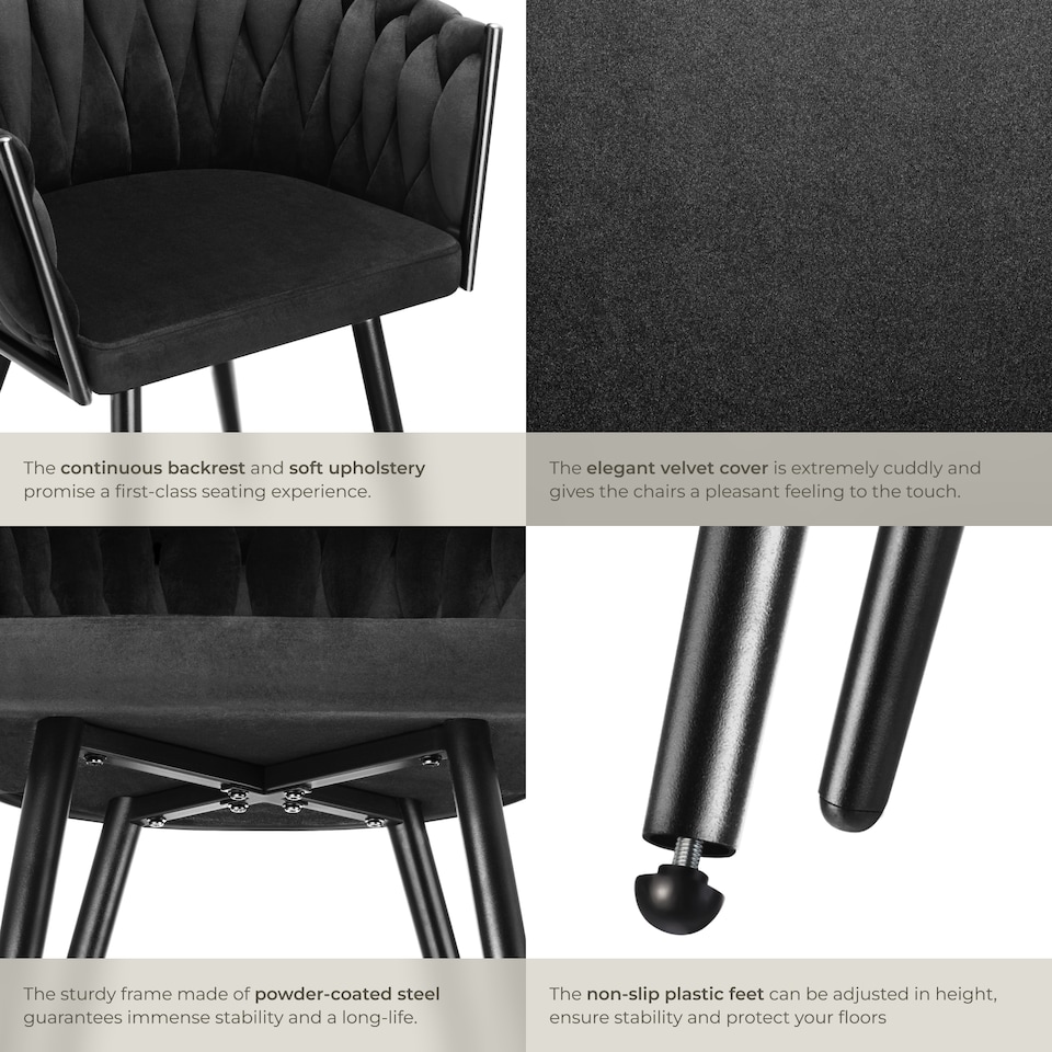 image 1 of Dining Chair Astano - padded, velvet, knot design, continuous backrest | Black | black | 6