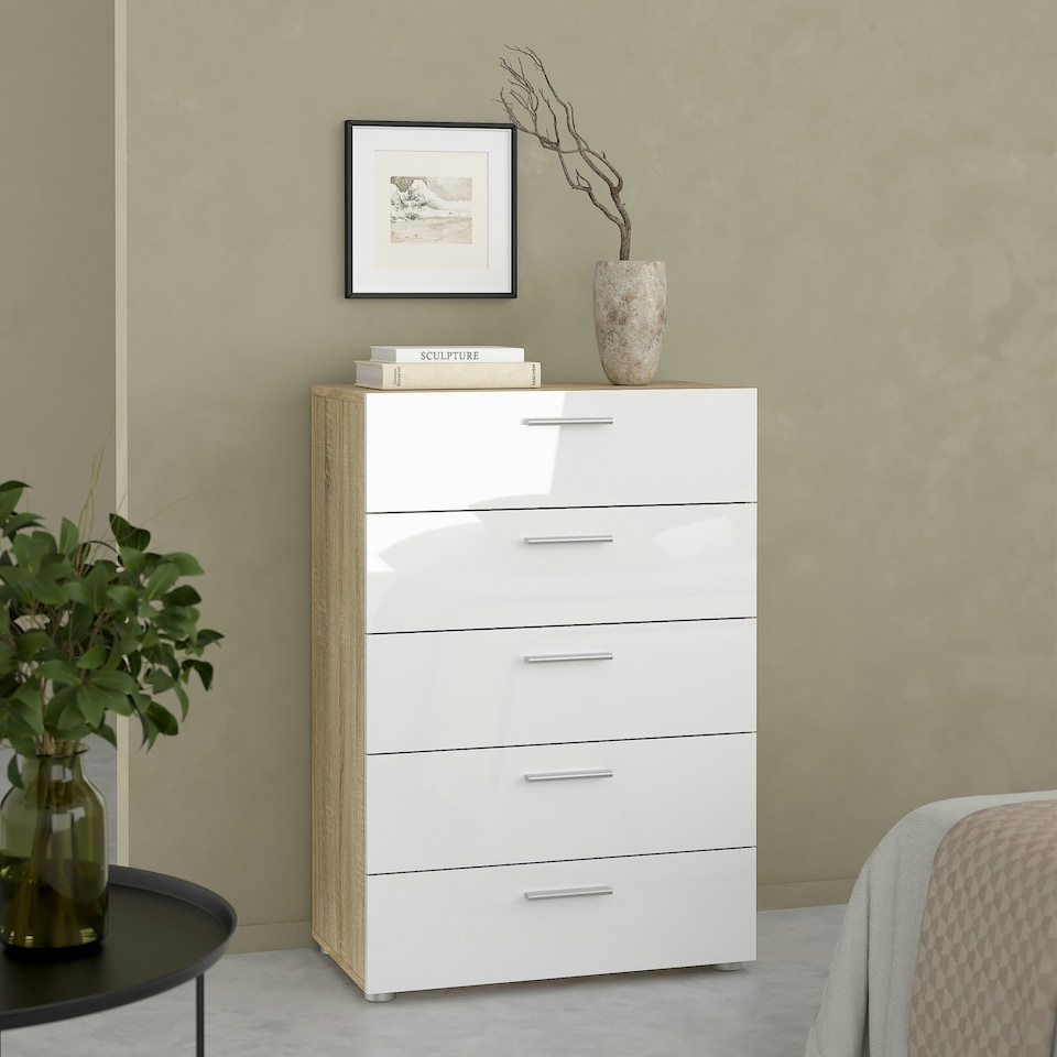 image 1 of Pepe Chest of 5 Drawers in Oak with White High Gloss