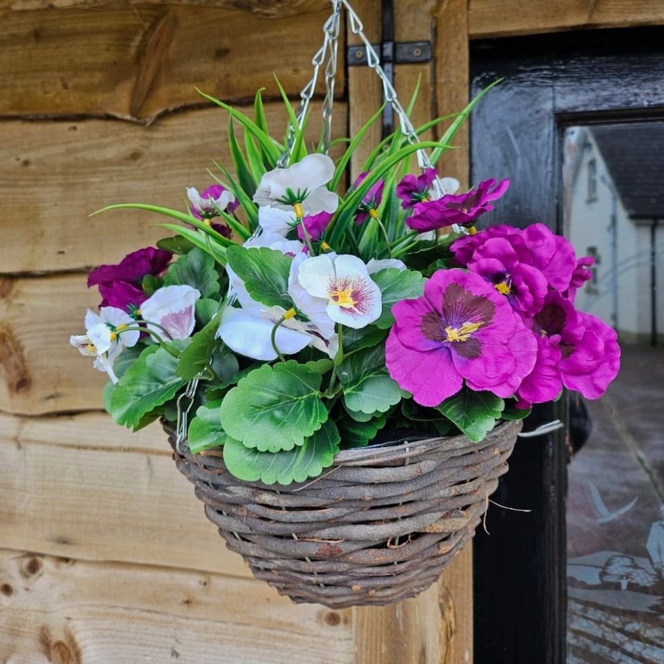 image 1 of Pair of 30cm 10 Inch Purple & White Pansy Flower with Decorative Rattan Hanging Baskets for Indoor Outdoor Garden Use | Purple | Purple & White | 1