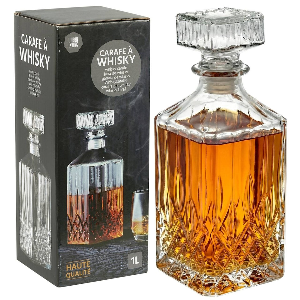 image 1 of 1L Round Glass Whisky Whiskey Decanter Cut Look Carafe Bar Spirits Brandy Sherry