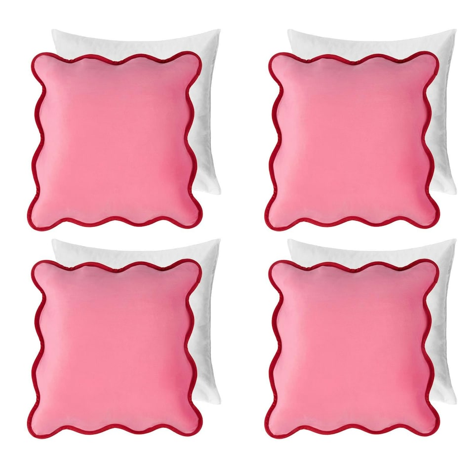 image 1 of OHS 4 x Matte Velvet Scallop Edge Filled Cushions, 45x45cm - Pink/Red | Multi | Pink and Red | 45 x 45cm | 4