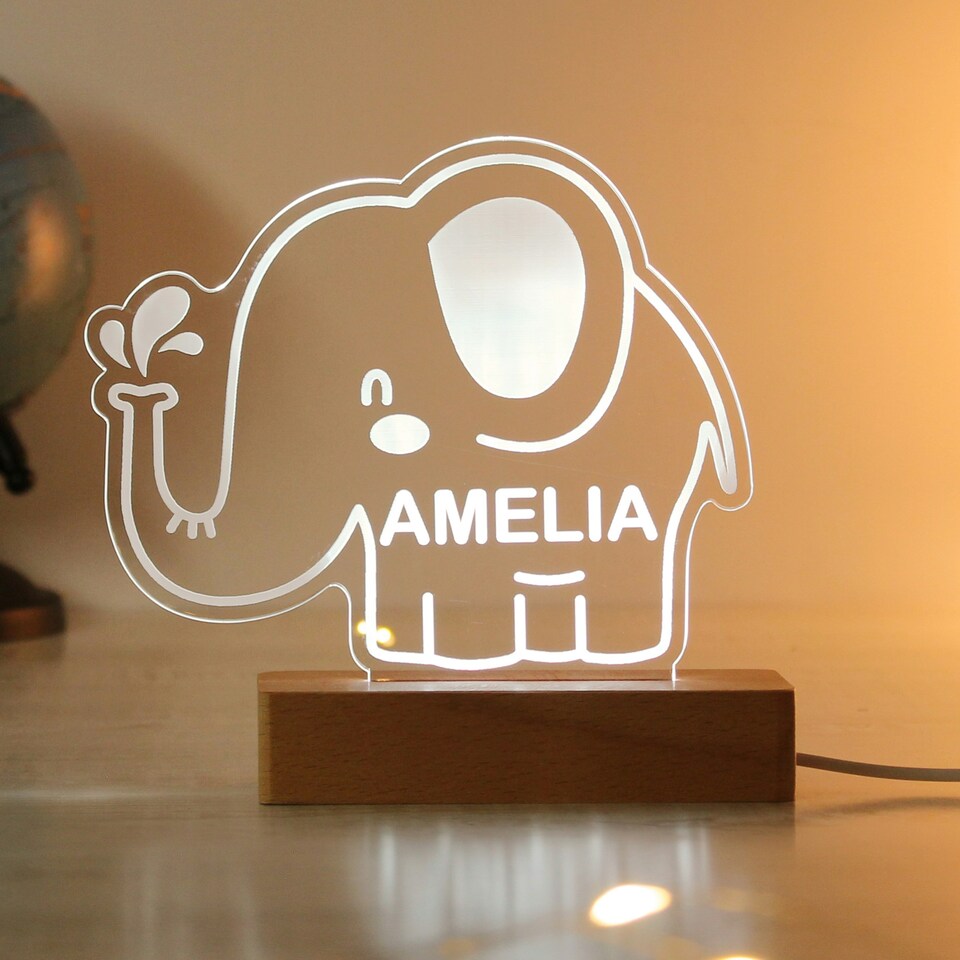 image 1 of Personalised Elephant Wooden Based LED Light