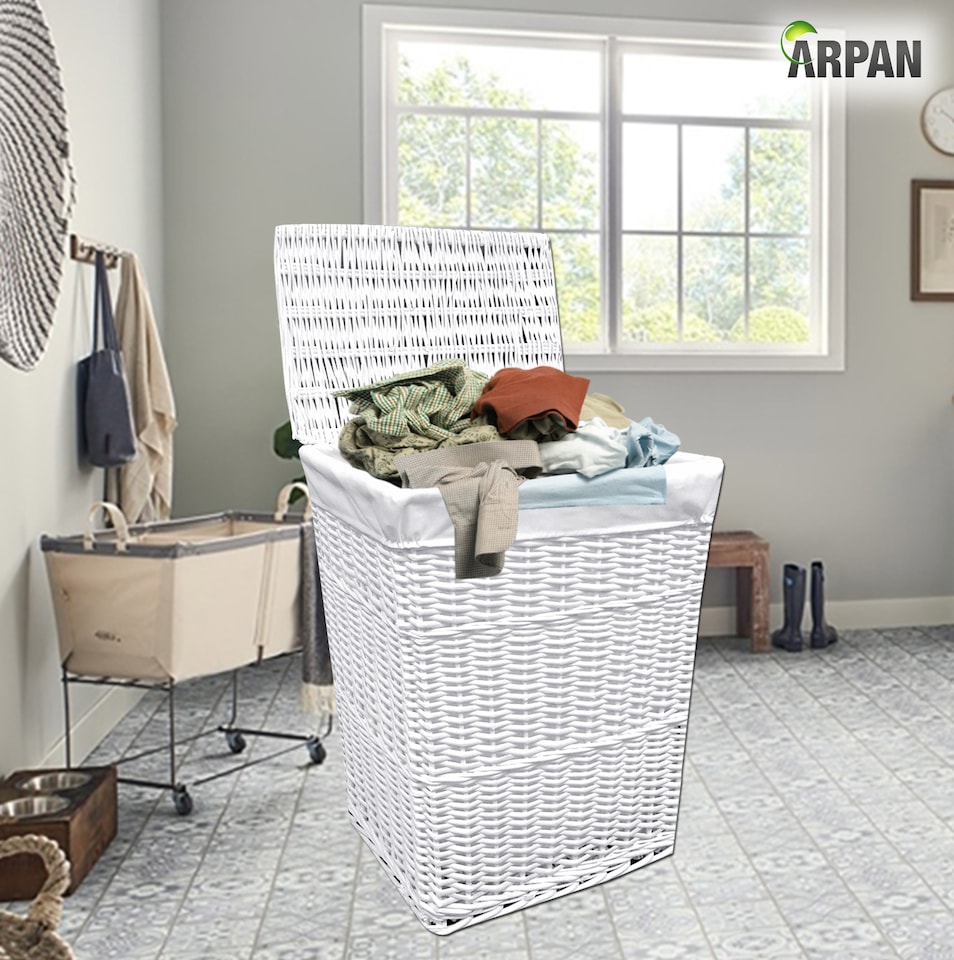 image 1 of ARPAN White Wicker Laundry Basket with Lid & Removable Washable Liner, Natural Woven Clothes Washing Hamper, Laundry Storage Basket for Bedroom, Bathroom & Utility Room