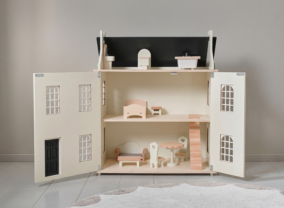 image 1 of Hooga Noble Wooden Dollhouse with 11 Doll House Furnitures