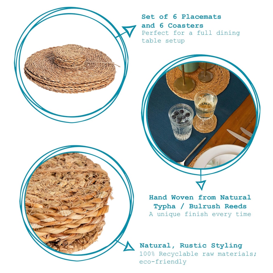 image 1 of Argon Tableware 12 Piece Round Woven Typha Placemats & Coasters Set | Brown | Brown