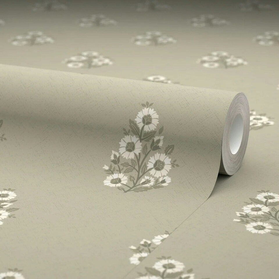 image 1 of Posy Wallpaper in Cream on Organic Green Multi