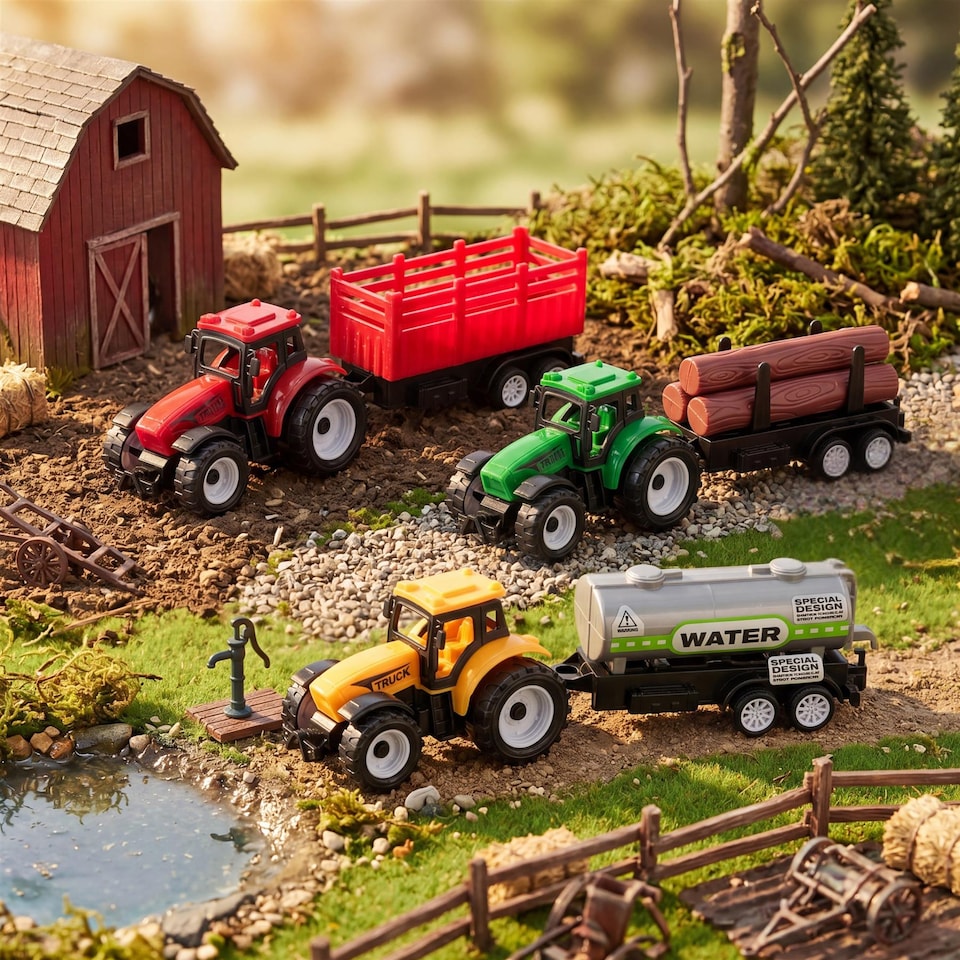 image 1 of The Magic Toy Shop Farm Tractor Trailer Toy Set Durable Plastic Playset for Kids Fun
