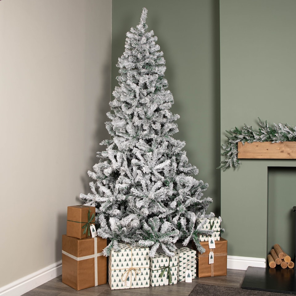 image 1 of 8ft (2.4m) Snow Flocked Artificial Christmas Tree with Green Metal Stand and 1017 Tips