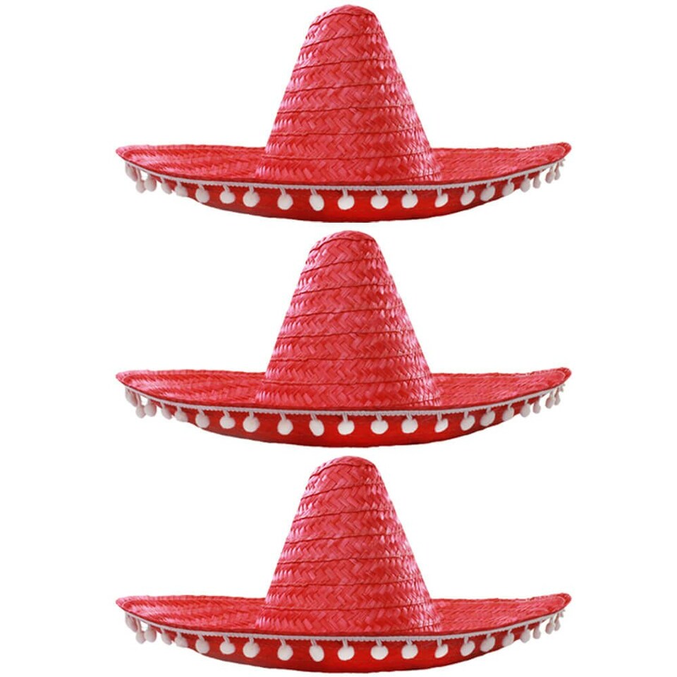 image 1 of Pack of 3 Red Mexican Sombrero with Pom Pom Edging Red | One Size