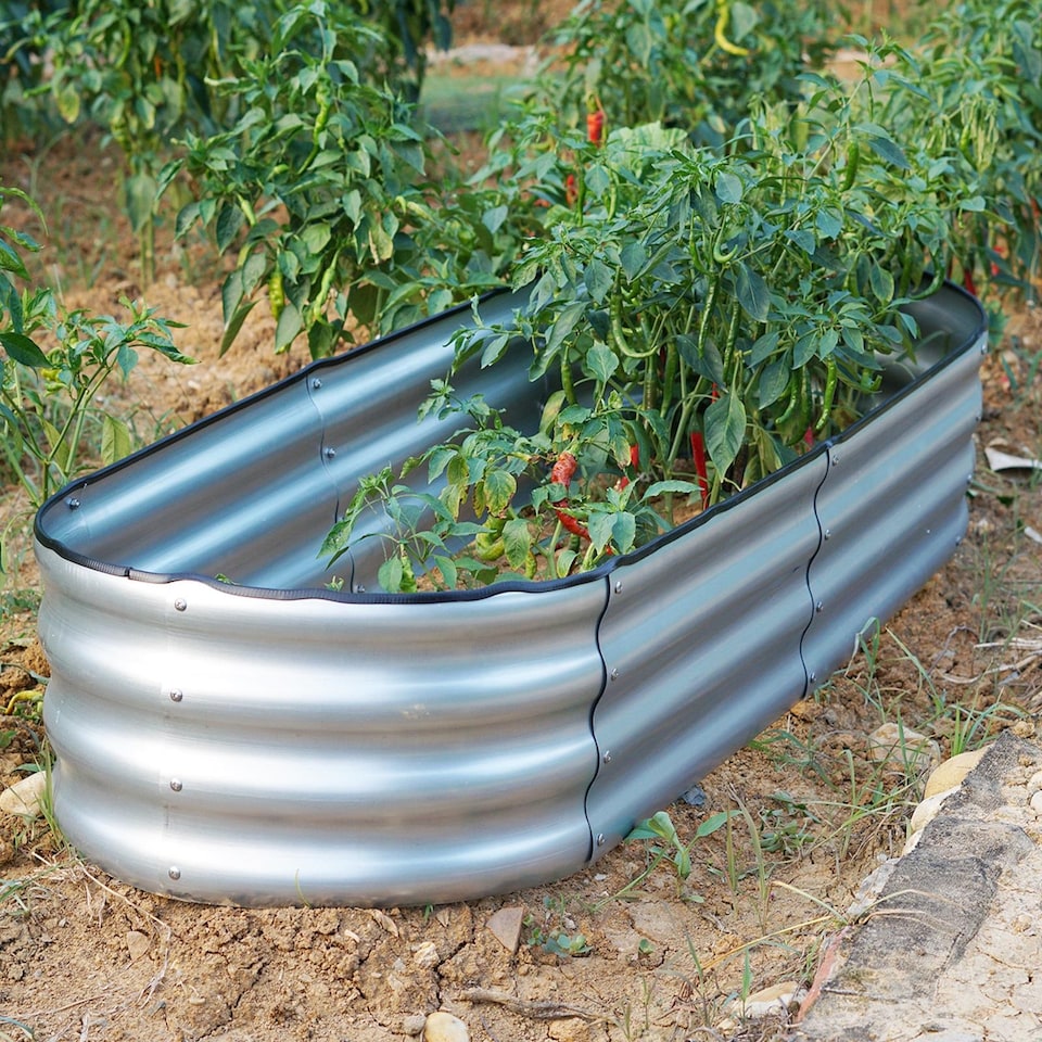 image 1 of Gr8 Garden Outdoor Raised Bed Planter Oval Galvanised Steel Trough Box 120x61x30cm