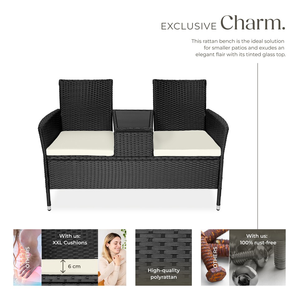 image 1 of Garden Bench Narbonne - 2-seater with table, weather-resistant polyrattan | Black | black/beige | One Size | 1