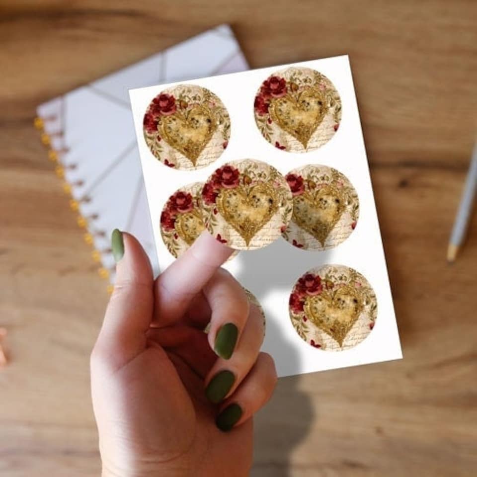 image 1 of Vintage Gold Heart Round Stickers 88mm - Sheet of 6