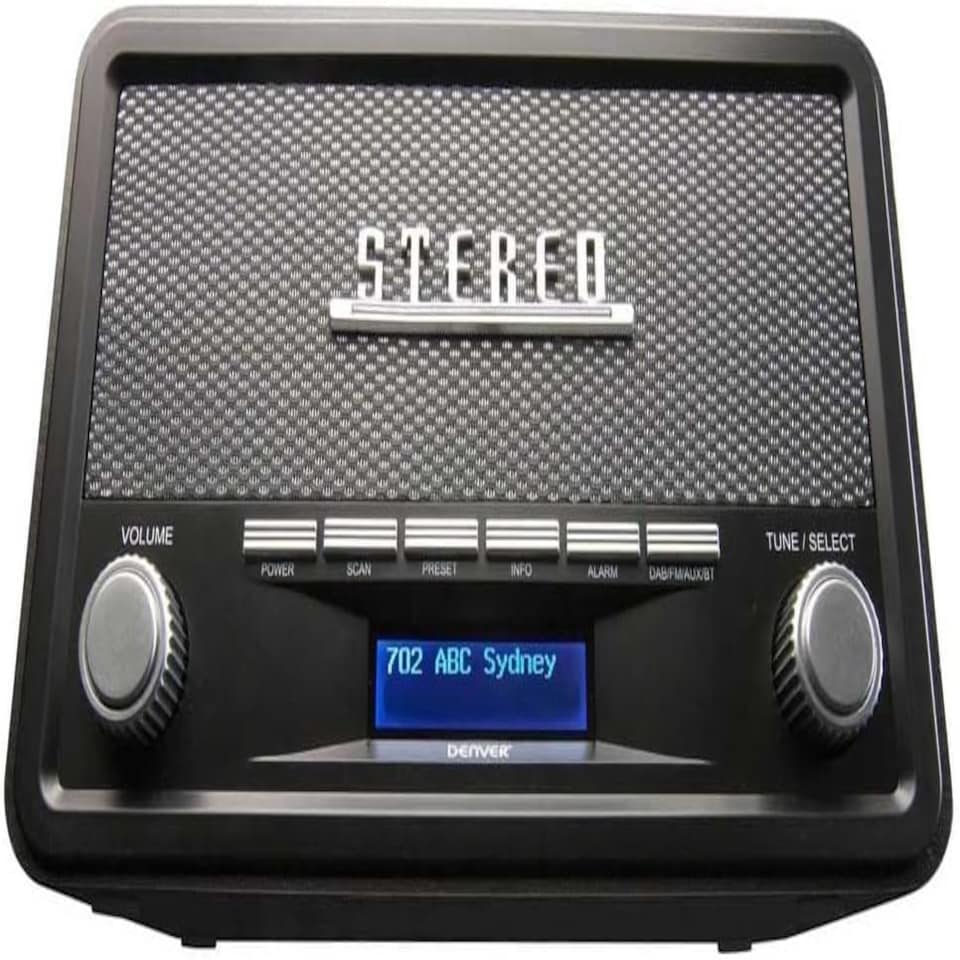 image 1 of Vintage Style Stereo DAB/DAB+ & FM Radio – Grey Wood Cabinet, Bluetooth, Clock Radio Alarm, AUX IN for Smart Phone/Tablet / MP3 Player – Mains or Battery