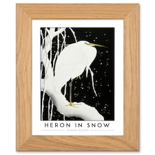 Ohara Koson Heron In Snow Art Oak Wood Framed Wall Print | Black