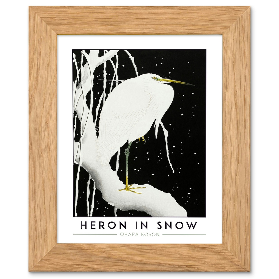 image 1 of Ohara Koson Heron In Snow Art Oak Wood Framed Wall Print | Black