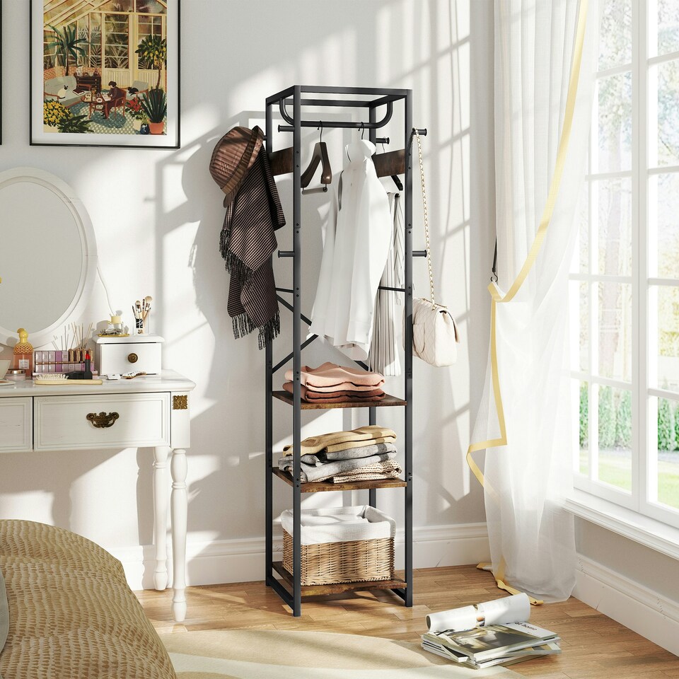 image 1 of HOMCOM Clothes Rail with Storage Shelf and Hooks, Clothes Rack Brown