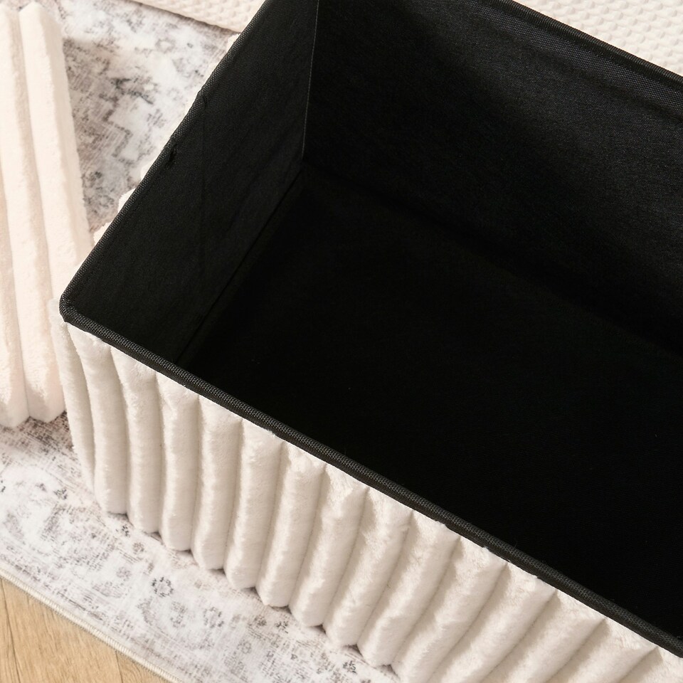 image 1 of OHS Soft Fleece Ribbed Long Rectangle Foldable Footstool Seat Storage Organiser Ottoman Cream