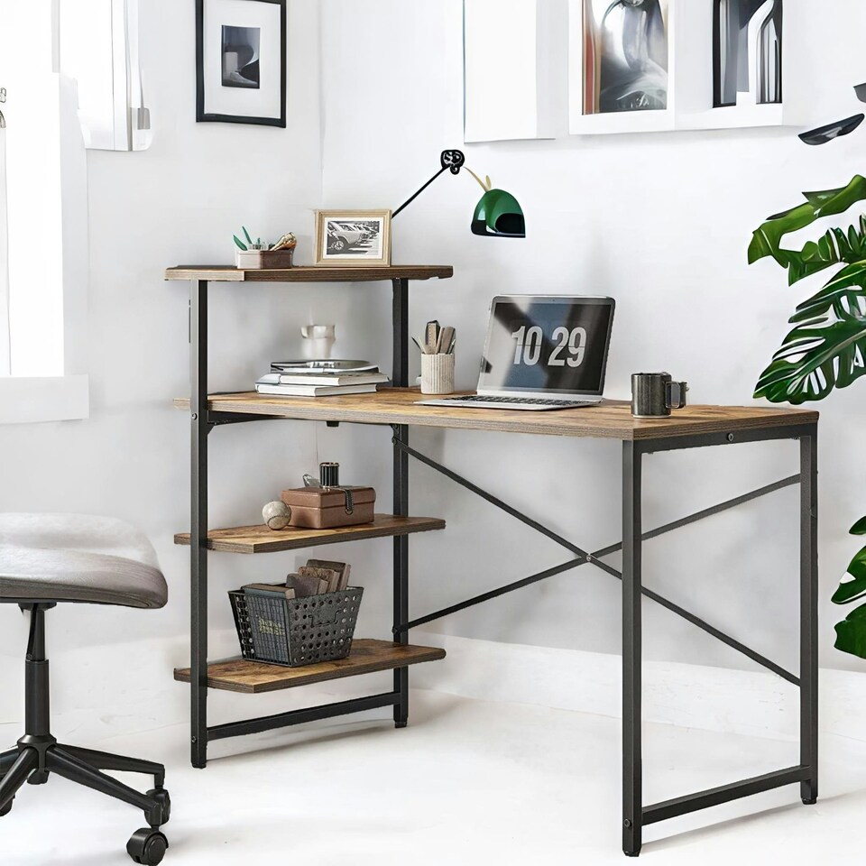 image 1 of Industrial 4 Tier Writing Desk With Steel Frame Brown