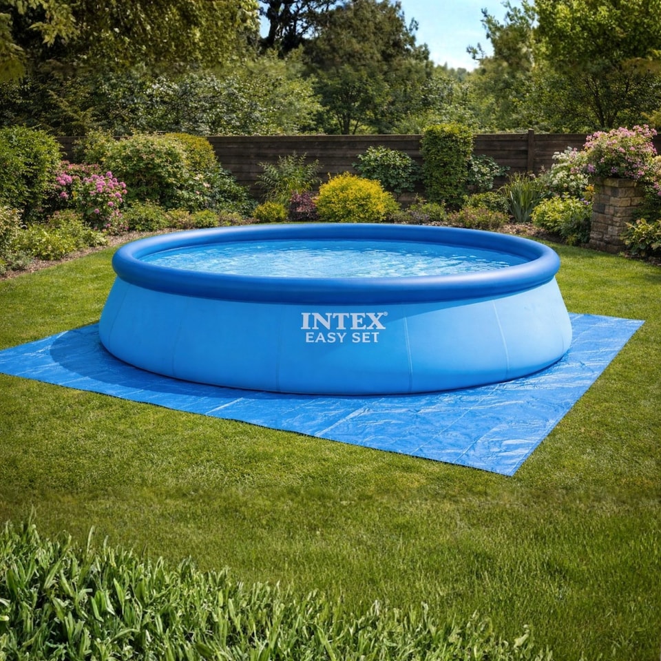 image 1 of Intex 10 ft Pool Cover and 15.5 ft Ground Cloth Protective Pool Cover with Heavy-Duty Base Mat