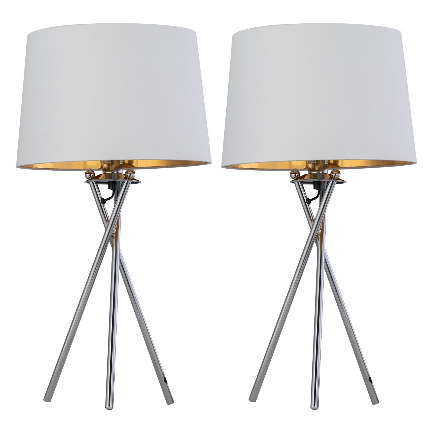 First Choice Lighting Set of 2 Tripod - Chrome Lamps with White & Gold Fabric Shade in Silver