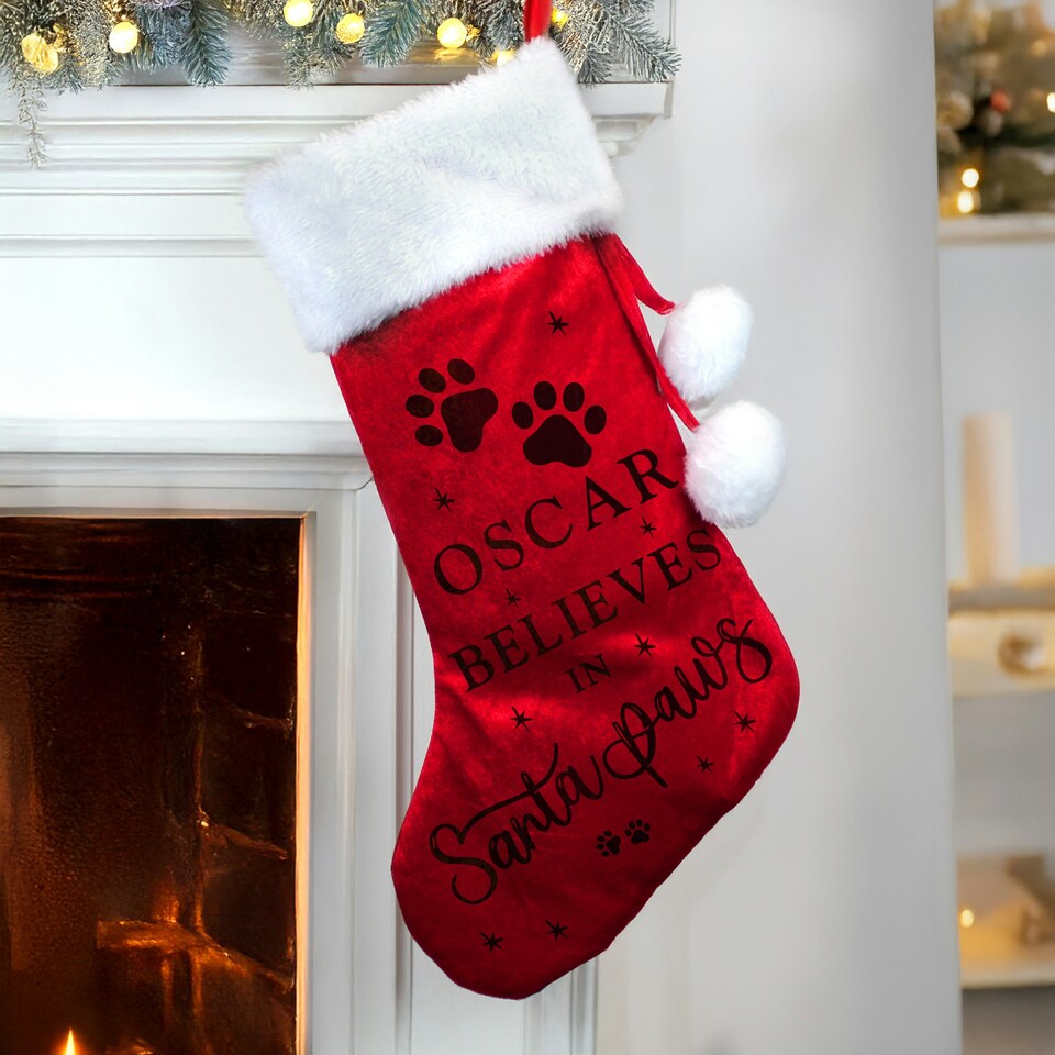 image 1 of Personalised Santa Paws Christmas Red Stocking