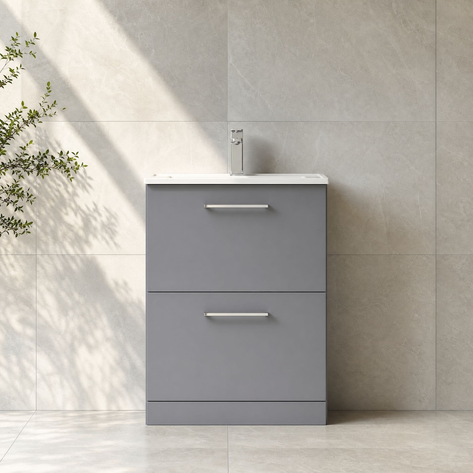 image 1 of Balterley Modern Bathroom 2 Soft Close Drawer & Minimalist Floor Standing Vanity Unit Basin | Grey | Satin Grey | 818 x 600 x 390mm