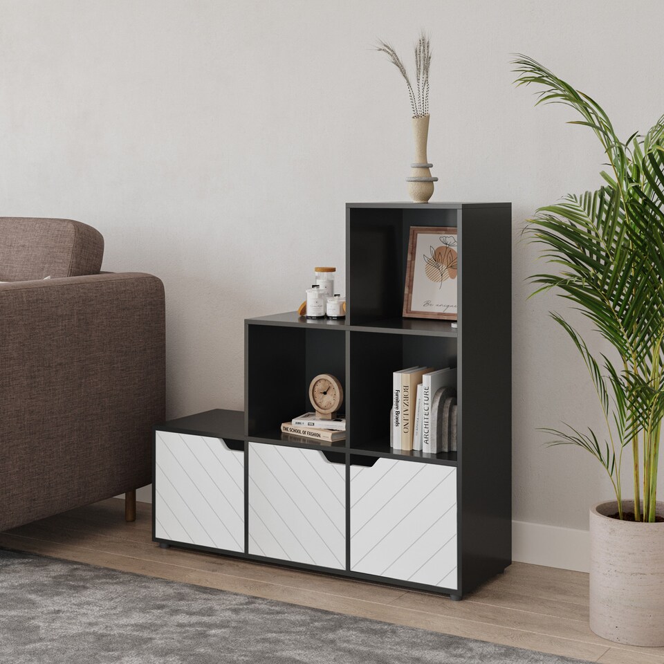 image 1 of 6-Cube Step Shelving Unit With Line Doors | Black | Black & White | 1