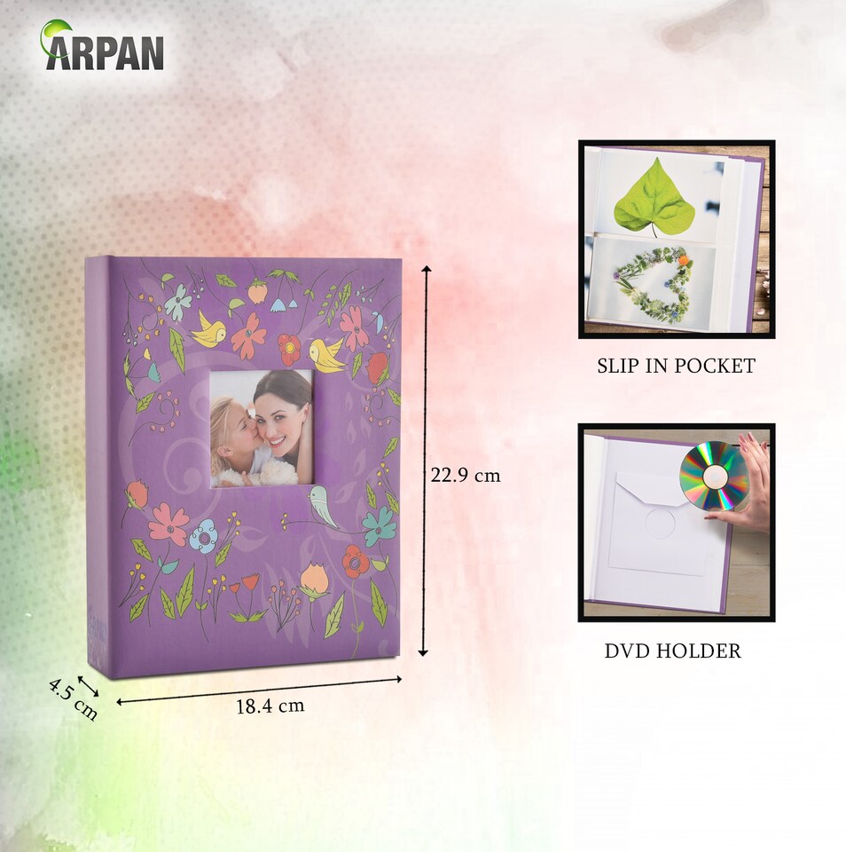 image 1 of ARPAN 6x4 Photo Album 200 Photos Slip In Picture Storage Book with Front Cover Window Plastic Jacket and CD/DVD Pocket | Purple | Purple Birds