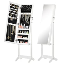 HOMCOM Full Length Mirror with Storage, Jewellery Cabinet with Mirror, Adjustable Angle and Stand, Lockable Jewellery Organiser for Bedroom Dressing Room, White