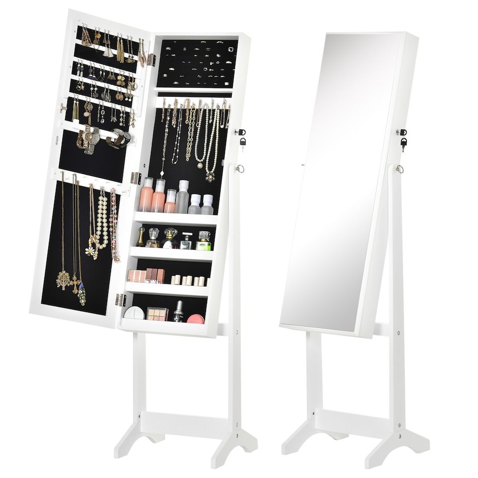 image 1 of HOMCOM Full Length Mirror with Storage, Jewellery Cabinet with Mirror, Adjustable Angle and Stand, Lockable Jewellery Organiser for Bedroom Dressing Room, White