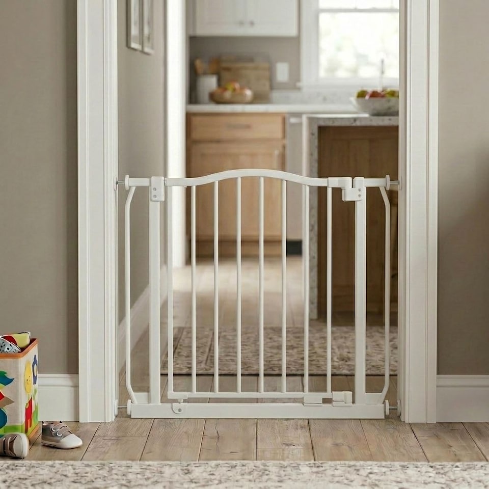 image 1 of Safetots Curved Top Safety Gate, 98cm - 107cm, Matt White, Pressure Fit Stair Gate, Baby Gate for Doors Hallways and Spaces, Safety Barrier, Easy Installation