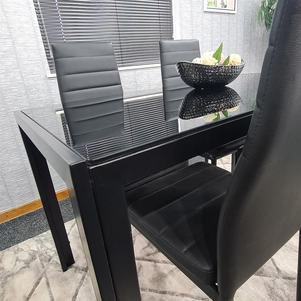 image 1 of Dining Table and 4 Chairs Black Glass 4 Faux Leather Chairs  Dining Room Furniture