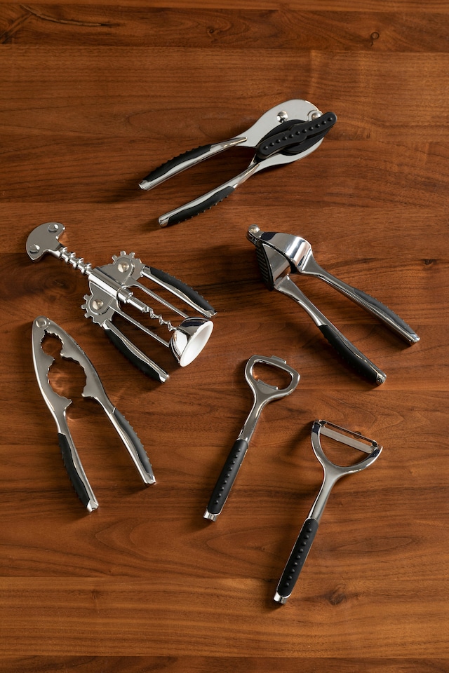 image 1 of Interiors By Premier Chrome Kitchen Tool Set with Natural Wood Stand,7-Piece Essential Gadgets For Food Prep,Unique Utensil Set