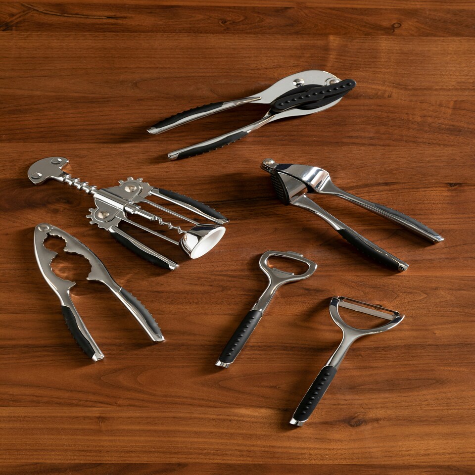 image 1 of Interiors By Premier Chrome Kitchen Tool Set with Natural Wood Stand,7-Piece Essential Gadgets For Food Prep,Unique Utensil Set