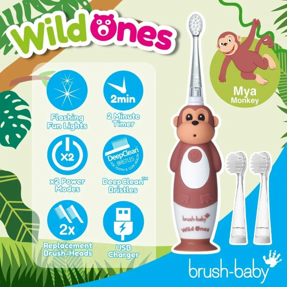 image 1 of Brush Baby WildOnes™ Monkey Kids Electric Rechargeable Toothbrush & Applemint Toothpaste set