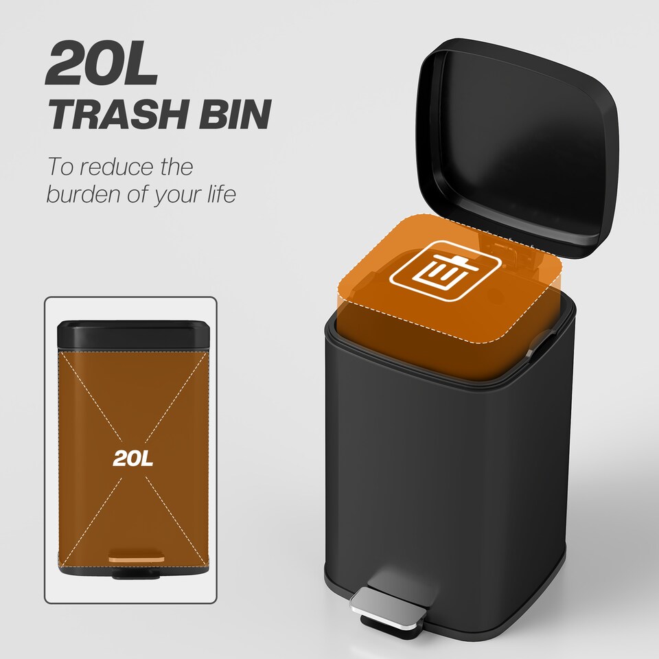 image 1 of HOMCOM 20 Litre Pedal Bin, Fingerprint Proof Kitchen Rubbish Bin with Soft-close Lid, Foot Pedal and Removable Inner Bucket for Recycling and Waste, Black | Black | 1