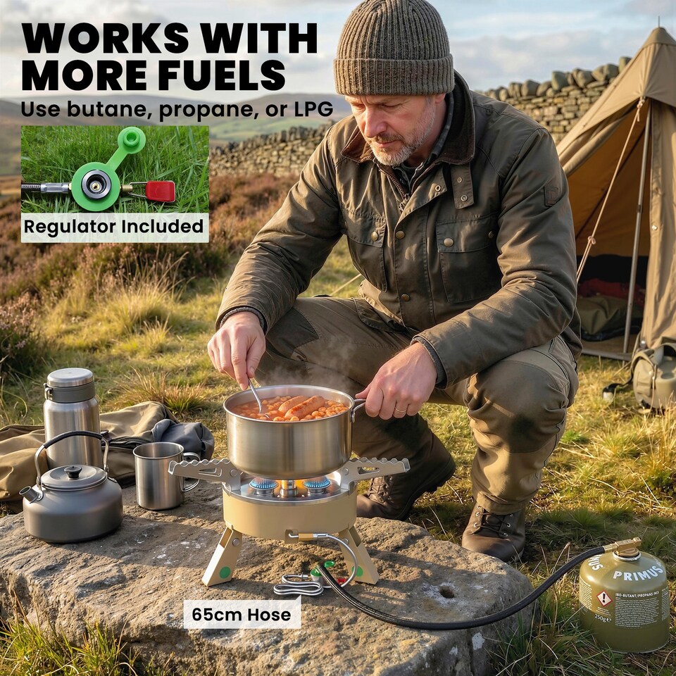 image 1 of Outsunny 7000W Camping Stove with Piezo Ignition, High Power Gas Stove Khaki | Brown | Khaki | 22 x 22 x 12 cm