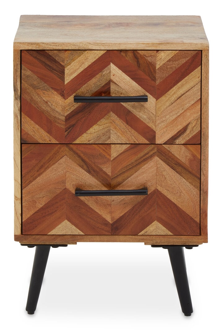 Orsina 2 Drawer Bedside Table In Mango Wood, Modern Nightstand With Black Iron Legs, Wooden Bedside Cabinet