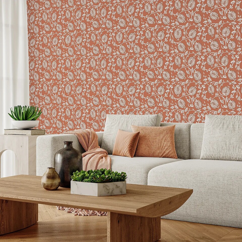 image 1 of Pomegranate Passion Wallpaper in Terracotta | Orange | Light, Orange | 50cm x 10m