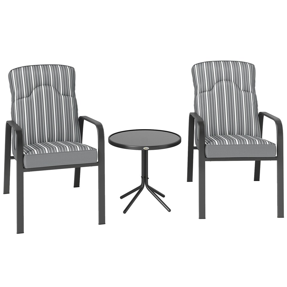 image 1 of Outsunny 3-Piece Recliner Garden Chairs and Tempered Glass Table Set, Grey 