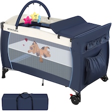 Travel Cot Dog - foldable, with changing mat, for children up to 36 months | Blue | blue | 132 x 75 x 104 cm | 1