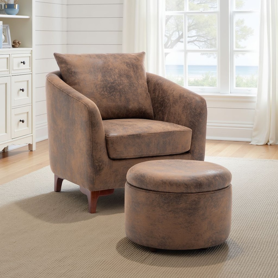 image 1 of Faux Leather Suede Brown Angela Accent Tub Chair with Ottoman