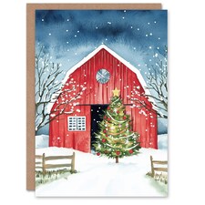 Barn Decorated Tree Winter Landscape Blank For Him Or Her Art Xmas Festive Christmas Card